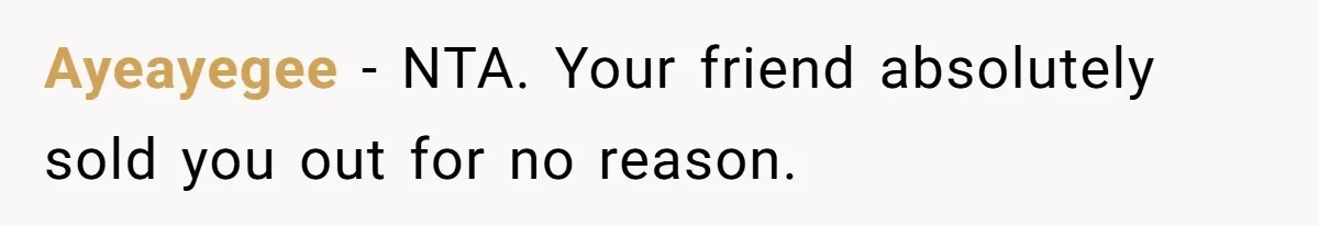 Ayeayegee - NTA. Your friend absolutely sold you out for no reason.