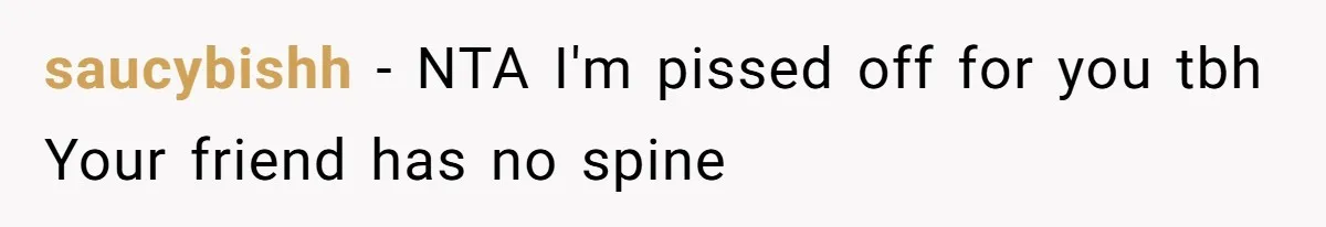 saucybishh - NTA I'm pissed off for you tbh Your friend has no spine