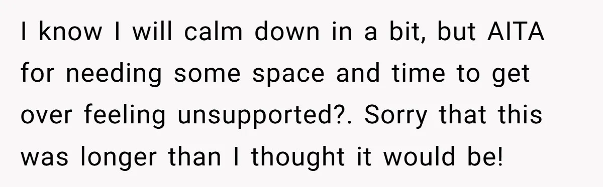 I know I will calm down in a bit, but AITA for needing some space and time to get over feeling unsupported?. Sorry that this was longer than I thought...