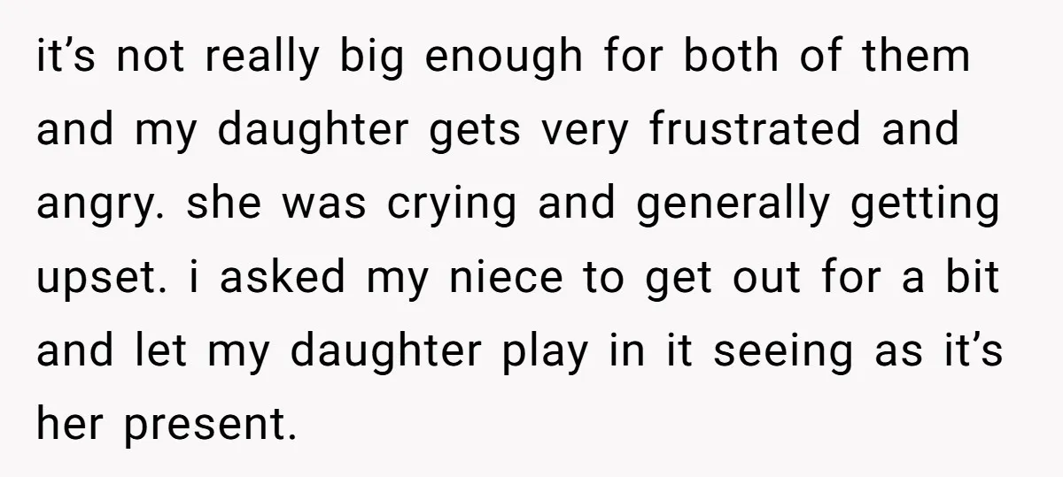 it’s not really big enough for both of them and my daughter gets very frustrated and angry. she was crying and generally getting upset. i asked my niece to get...