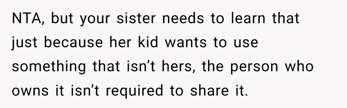 NTA, but your sister needs to learn that just because her kid wants to use something that isn’t hers, the person who owns it isn’t required to share it.