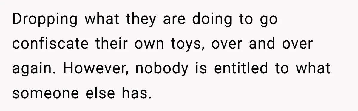 Dropping what they are doing to go confiscate their own toys, over and over again. However, nobody is entitled to what someone else has.