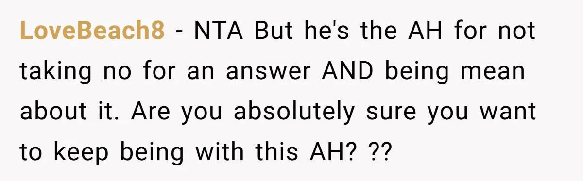 LoveBeach8 − NTA But he's the AH for not taking no for an answer AND being mean about it. Are you absolutely sure you want to keep being with this...