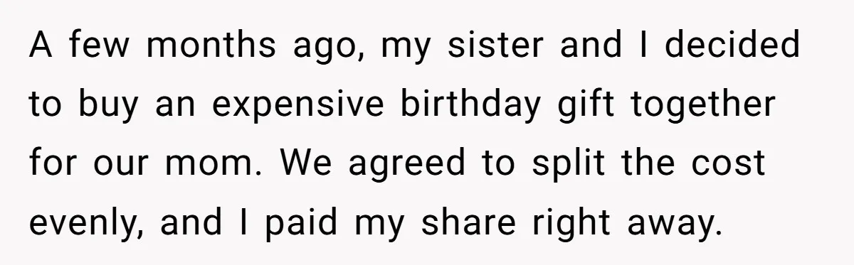 A few months ago, my sister and I decided to buy an expensive birthday gift together for our mom. We agreed to split the cost evenly, and I paid my...