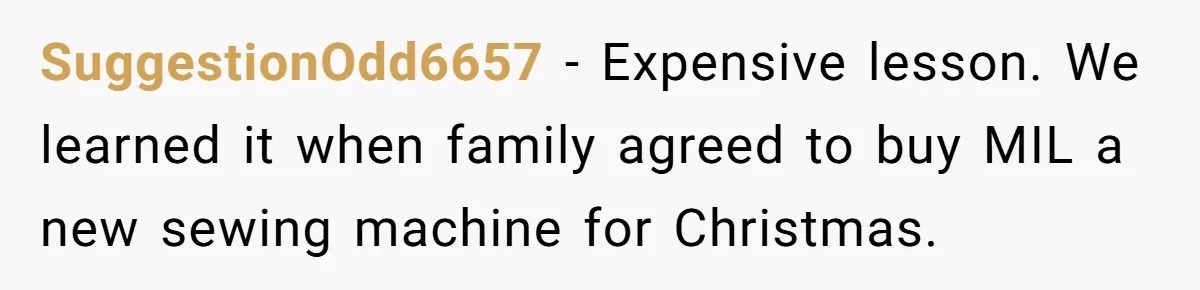 SuggestionOdd6657 − Expensive lesson. We learned it when family agreed to buy MIL a new sewing machine for Christmas.