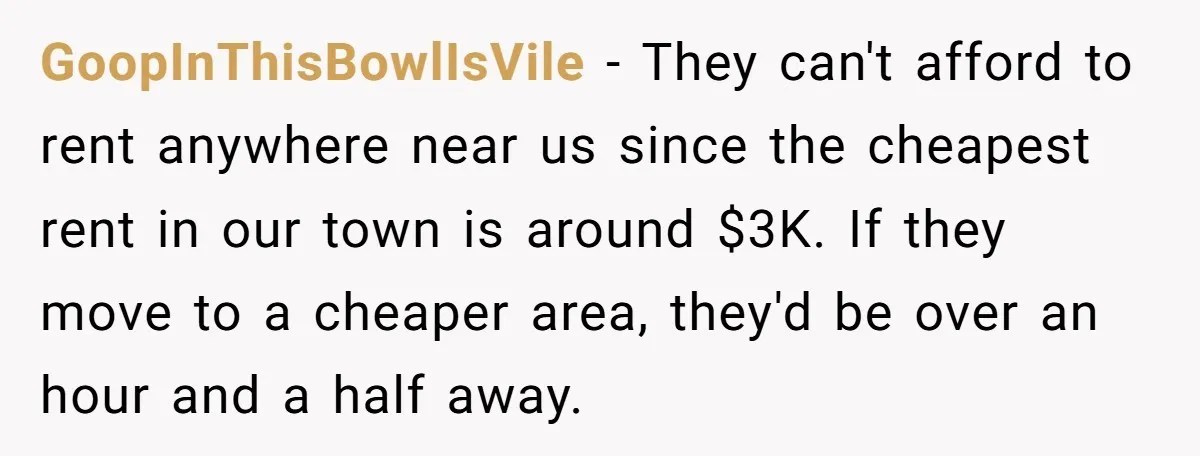 GoopInThisBowlIsVile − They can't afford to rent anywhere near us since the cheapest rent in our town is around $3K. If they move to a cheaper area, they'd be over...