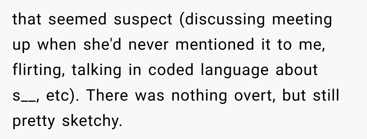 that seemed suspect (discussing meeting up when she'd never mentioned it to me, flirting, talking in coded language about s__, etc). There was nothing overt, but still pretty sketchy.