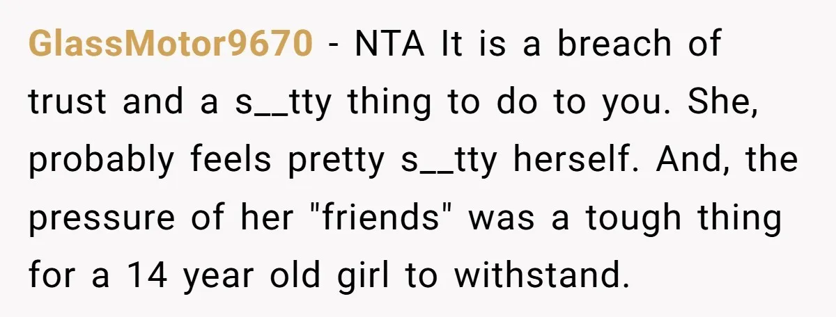 GlassMotor9670 - NTA It is a breach of trust and a s__tty thing to do to you. She, probably feels pretty s__tty herself. And, the pressure of her "friends" was...