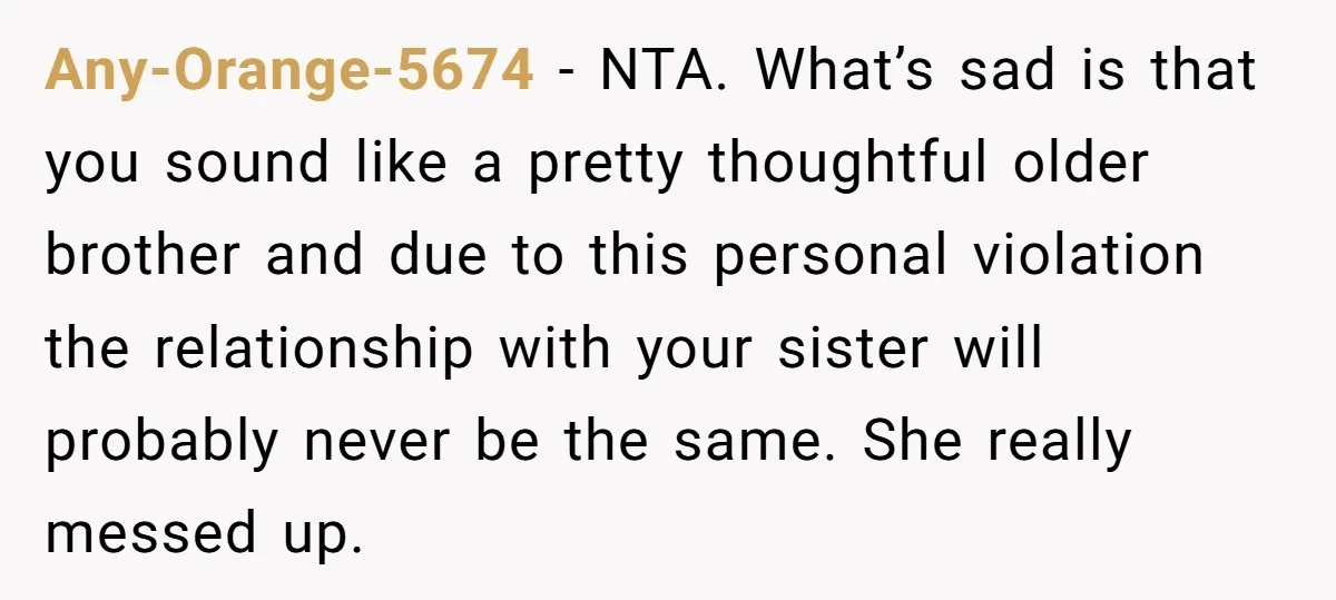 Any-Orange-5674 - NTA. What’s sad is that you sound like a pretty thoughtful older brother and due to this personal violation the relationship with your sister will probably never be...