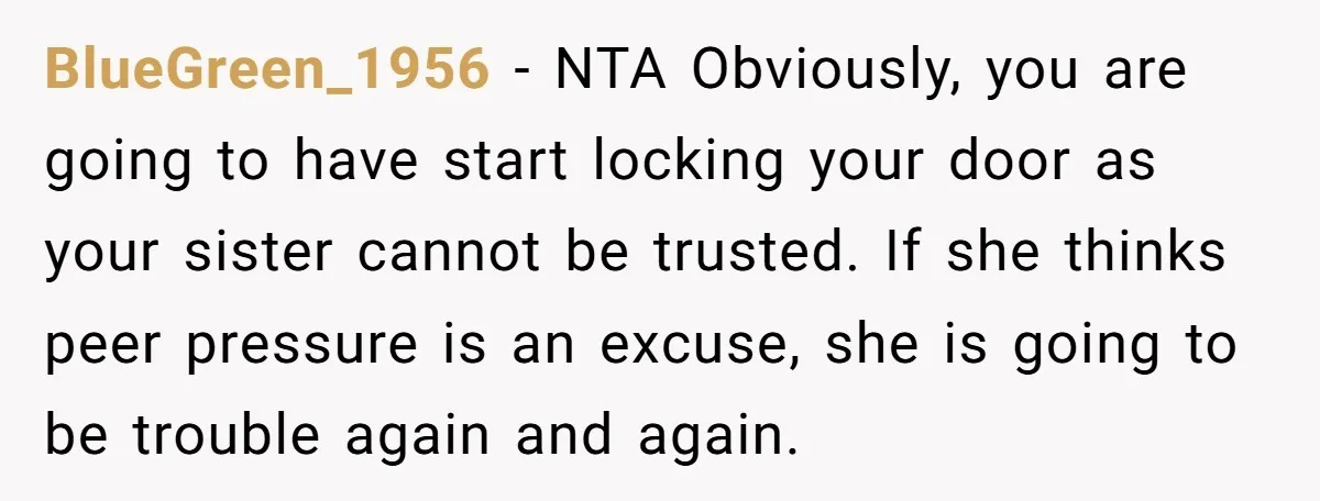 BlueGreen_1956 - NTA Obviously, you are going to have start locking your door as your sister cannot be trusted. If she thinks peer pressure is an excuse, she is going...