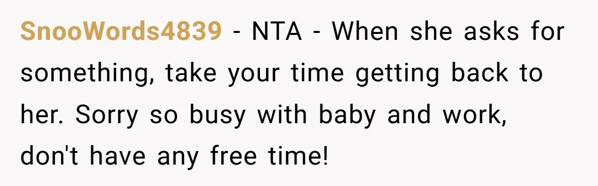 SnooWords4839 − NTA - When she asks for something, take your time getting back to her. Sorry so busy with baby and work, don't have any free time!