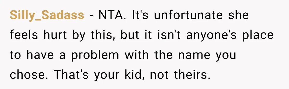 Silly_Sadass − NTA. It's unfortunate she feels hurt by this, but it isn't anyone's place to have a problem with the name you chose. That's your kid, not theirs.