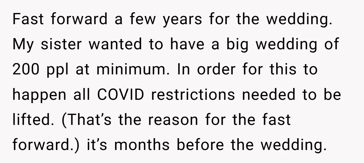 Fast forward a few years for the wedding. My sister wanted to have a big wedding of 200 ppl at minimum. In order for this to happen all COVID restrictions...