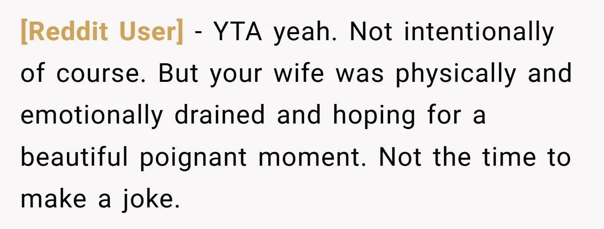 [Reddit User] − YTA yeah. Not intentionally of course. But your wife was physically and emotionally drained and hoping for a beautiful poignant moment. Not the time to make a...