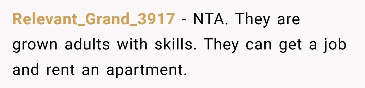 Relevant_Grand_3917 − NTA. They are grown adults with skills. They can get a job and rent an apartment.