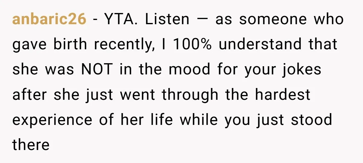 anbaric26 − YTA. Listen — as someone who gave birth recently, I 100% understand that she was NOT in the mood for your jokes after she just went through the...