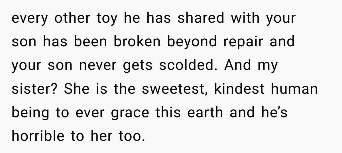 every other toy he has shared with your son has been broken beyond repair and your son never gets scolded. And my sister? She is the sweetest, kindest human being...
