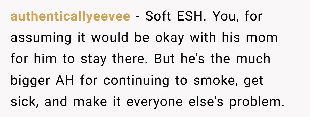 authenticallyeevee − Soft ESH. You, for assuming it would be okay with his mom for him to stay there. But he's the much bigger AH for continuing to smoke, get...