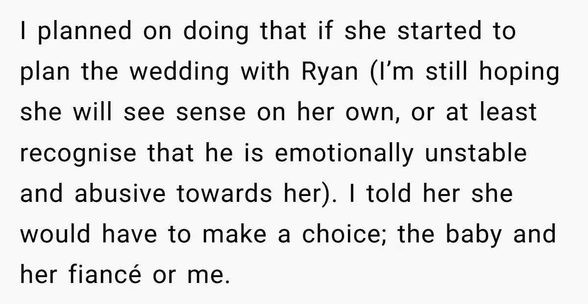 I planned on doing that if she started to plan the wedding with Ryan (I’m still hoping she will see sense on her own, or at least recognise that he...