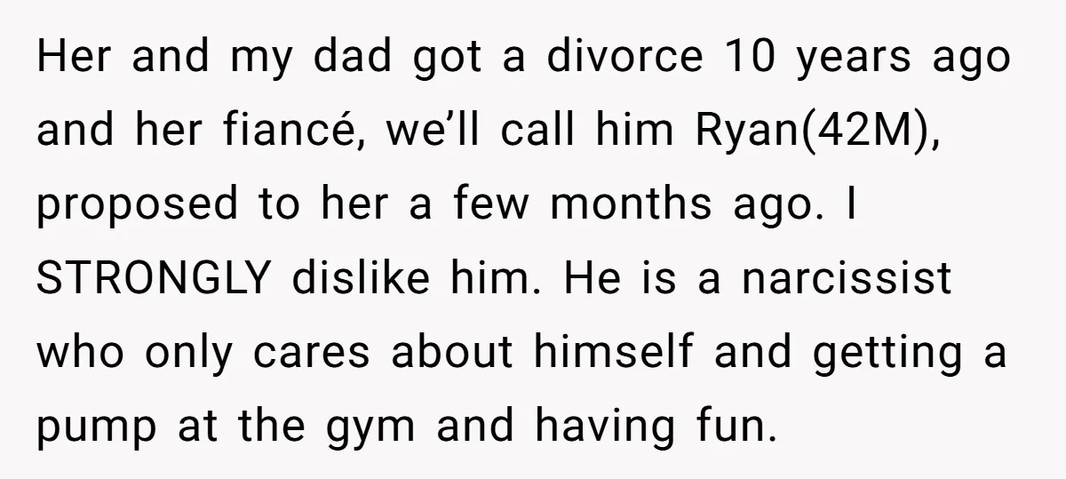 Her and my dad got a divorce 10 years ago and her fiancé, we’ll call him Ryan(42M), proposed to her a few months ago. I STRONGLY dislike him. He is...