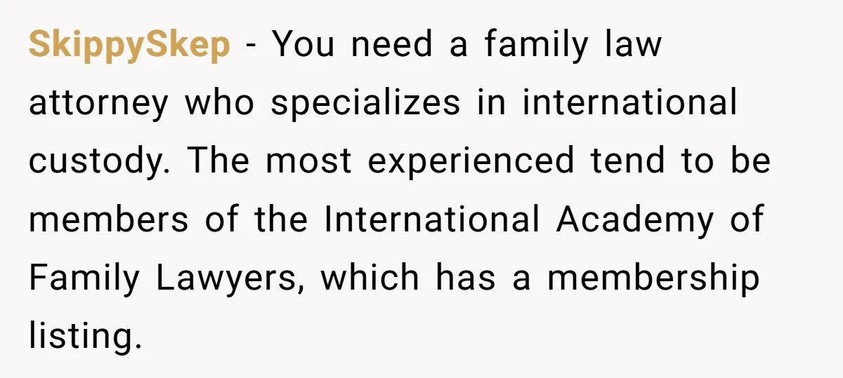 SkippySkep - You need a family law attorney who specializes in international custody. The most experienced tend to be members of the International Academy of Family Lawyers, which has a...