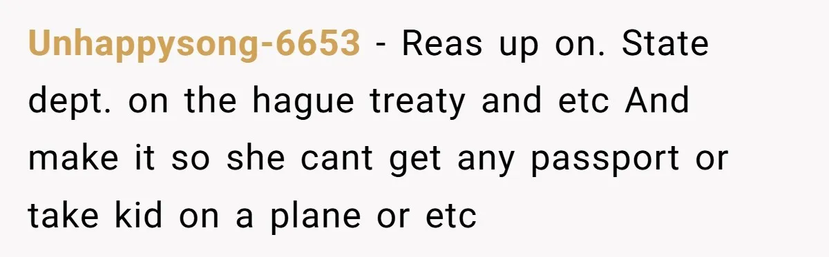 Unhappysong-6653 - Reas up on. State dept. on the hague treaty and etc And make it so she cant get any passport or take kid on a plane or etc