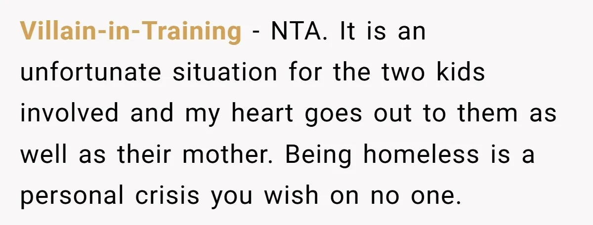 Villain-in-Training − NTA. It is an unfortunate situation for the two kids involved and my heart goes out to them as well as their mother. Being homeless is a personal...