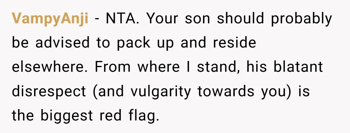 VampyAnji − NTA. Your son should probably be advised to pack up and reside elsewhere. From where I stand, his blatant disrespect (and vulgarity towards you) is the biggest red...