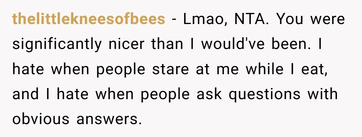 thelittlekneesofbees − Lmao, NTA. You were significantly nicer than I would've been. I hate when people stare at me while I eat, and I hate when people ask questions with...