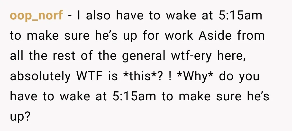 oop_norf − I also have to wake at 5:15am to make sure he’s up for work Aside from all the rest of the general wtf-ery here, absolutely WTF is *this*?...