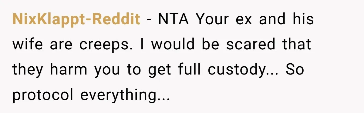 NixKlappt-Reddit - NTA Your ex and his wife are creeps. I would be scared that they harm you to get full custody... So protocol everything...