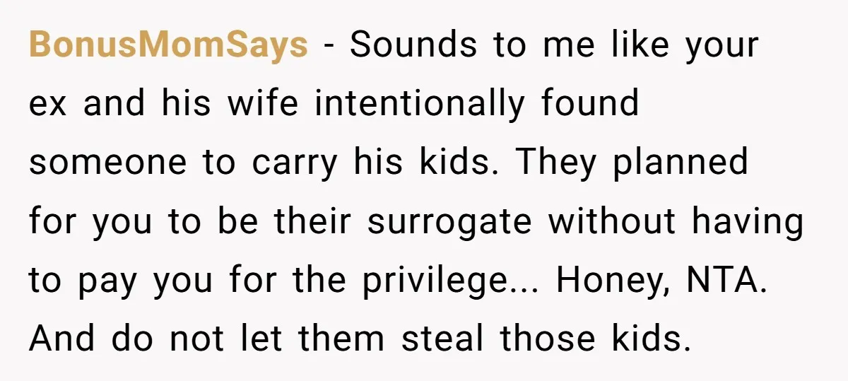 BonusMomSays - Sounds to me like your ex and his wife intentionally found someone to carry his kids. They planned for you to be their surrogate without having to pay...