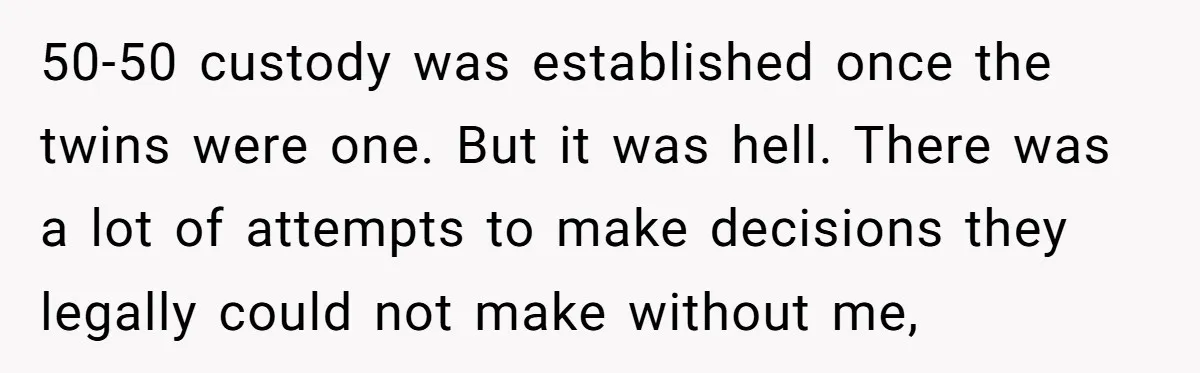 50-50 custody was established once the twins were one. But it was hell. There was a lot of attempts to make decisions they legally could not make without me,
