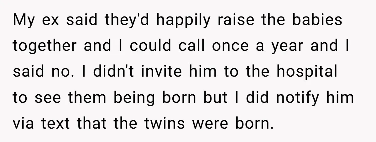 My ex said they'd happily raise the babies together and I could call once a year and I said no. I didn't invite him to the hospital to see them...