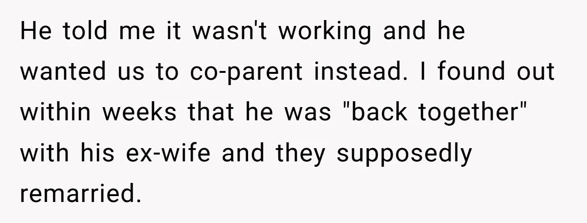 He told me it wasn't working and he wanted us to co-parent instead. I found out within weeks that he was "back together" with his ex-wife and they supposedly remarried.