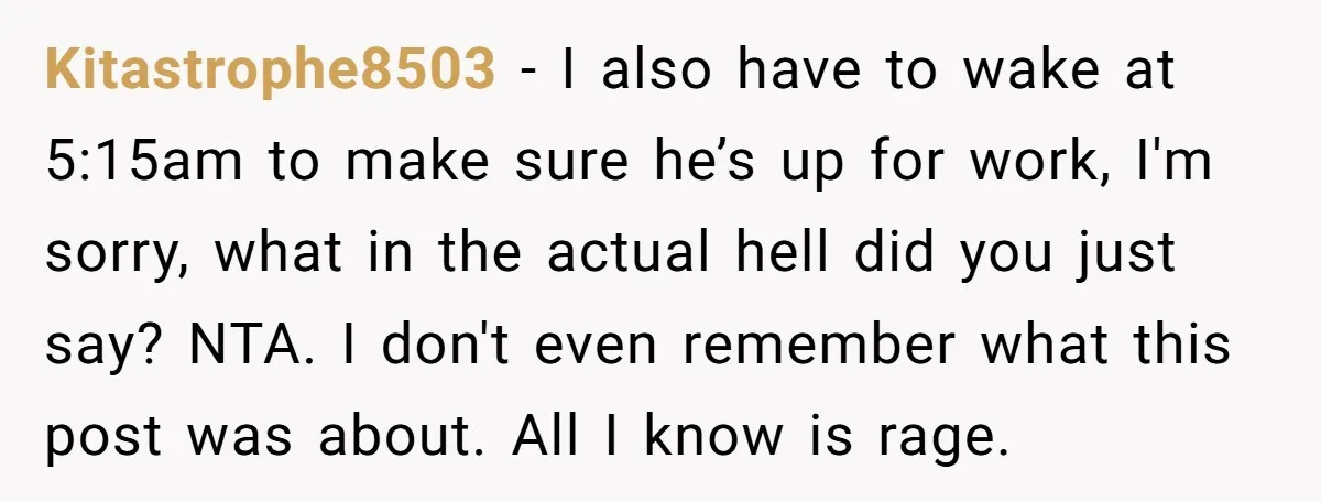 Kitastrophe8503 − I also have to wake at 5:15am to make sure he’s up for work, I'm sorry, what in the actual hell did you just say? NTA. I don't...