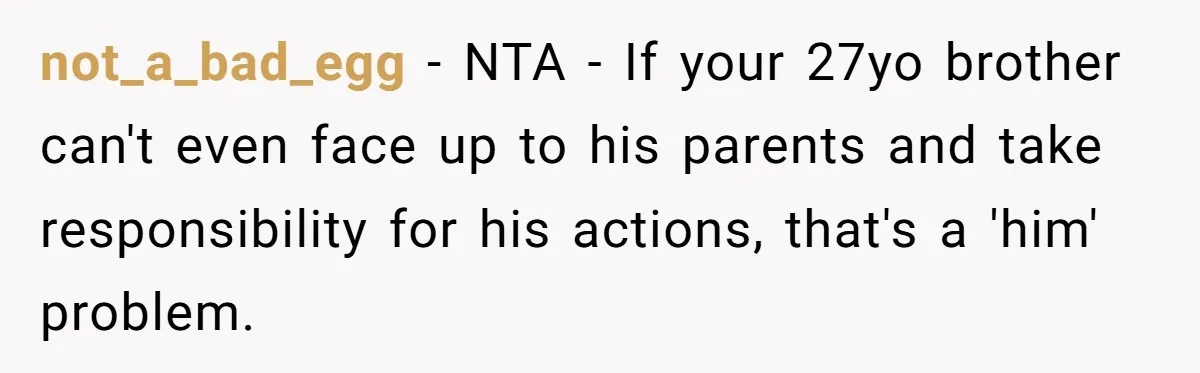 not_a_bad_egg − NTA - If your 27yo brother can't even face up to his parents and take responsibility for his actions, that's a 'him' problem.