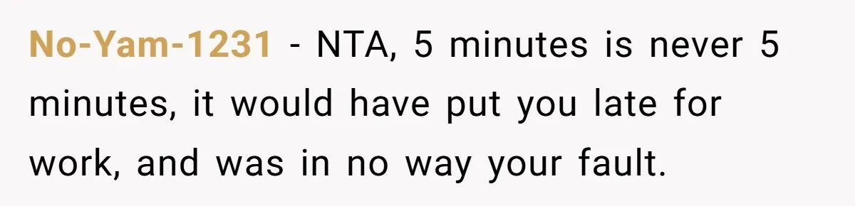 No-Yam-1231 − NTA, 5 minutes is never 5 minutes, it would have put you late for work, and was in no way your fault.
