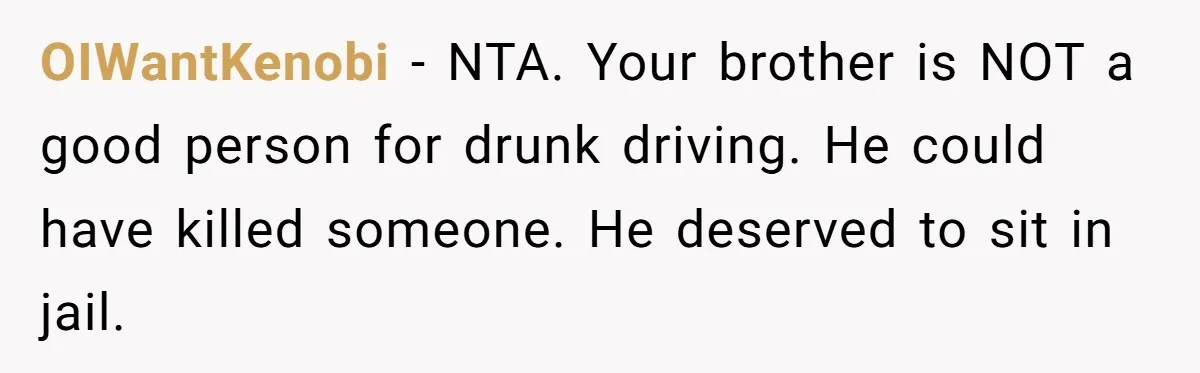 OIWantKenobi − NTA. Your brother is NOT a good person for drunk driving. He could have killed someone. He deserved to sit in jail.