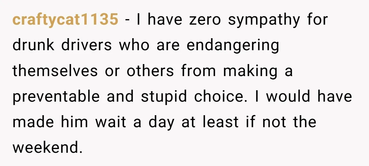 craftycat1135 − I have zero sympathy for drunk drivers who are endangering themselves or others from making a preventable and stupid choice. I would have made him wait a day...