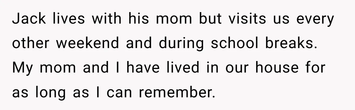 Jack lives with his mom but visits us every other weekend and during school breaks. My mom and I have lived in our house for as long as I can...