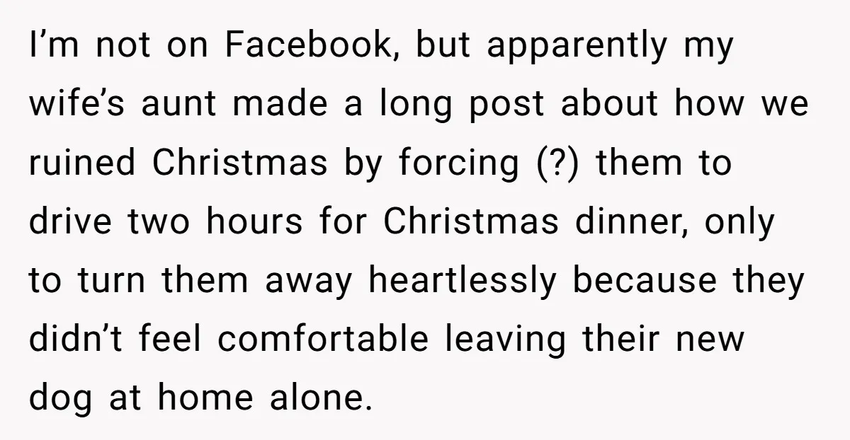 I’m not on Facebook, but apparently my wife’s aunt made a long post about how we ruined Christmas by forcing (?) them to drive two hours for Christmas dinner, only...
