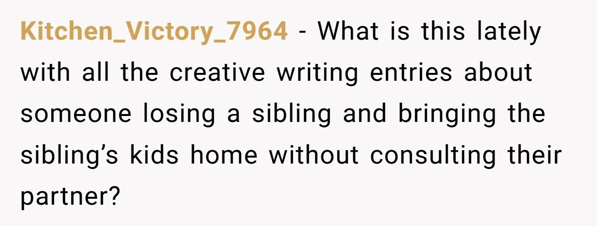 Kitchen_Victory_7964 - What is this lately with all the creative writing entries about someone losing a sibling and bringing the sibling’s kids home without consulting their partner?