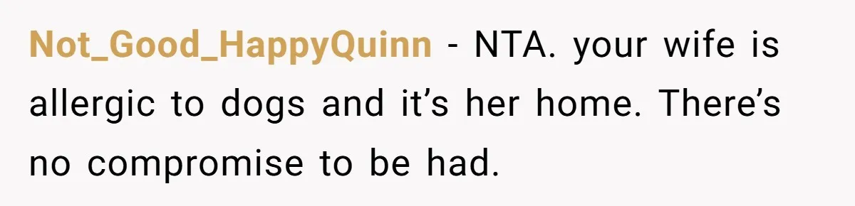 Not_Good_HappyQuinn − NTA. your wife is allergic to dogs and it’s her home. There’s no compromise to be had.