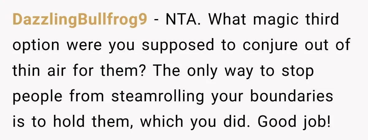 DazzlingBullfrog9 − NTA. What magic third option were you supposed to conjure out of thin air for them? The only way to stop people from steamrolling your boundaries is to...