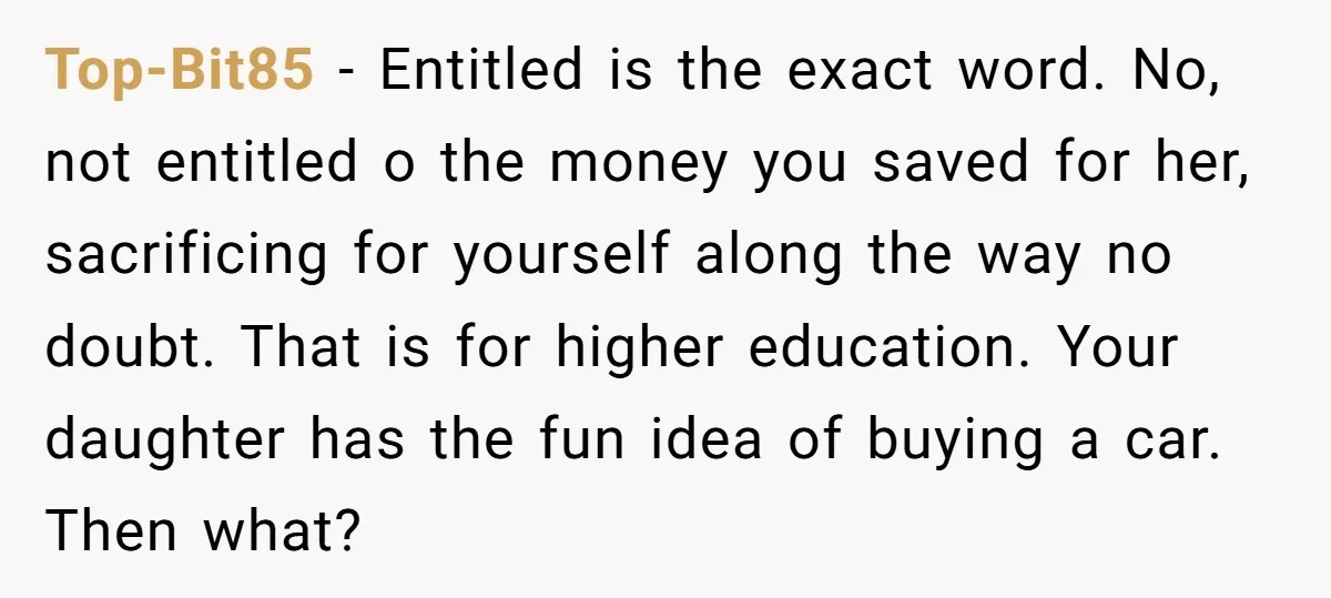 Top-Bit85 − Entitled is the exact word. No, not entitled o the money you saved for her, sacrificing for yourself along the way no doubt. That is for higher education....