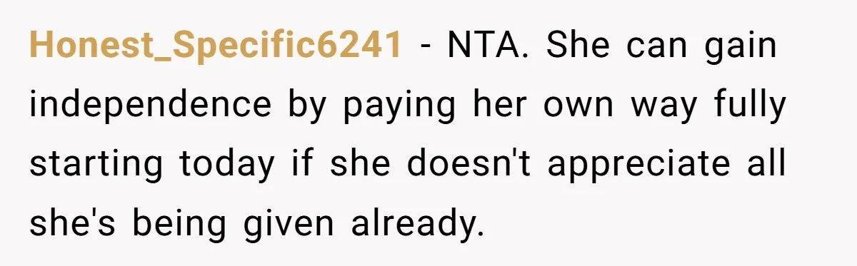 Honest_Specific6241 − NTA. She can gain independence by paying her own way fully starting today if she doesn't appreciate all she's being given already.