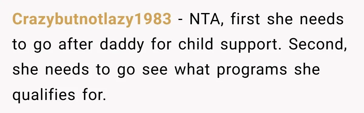 Crazybutnotlazy1983 − NTA, first she needs to go after daddy for child support. Second, she needs to go see what programs she qualifies for.