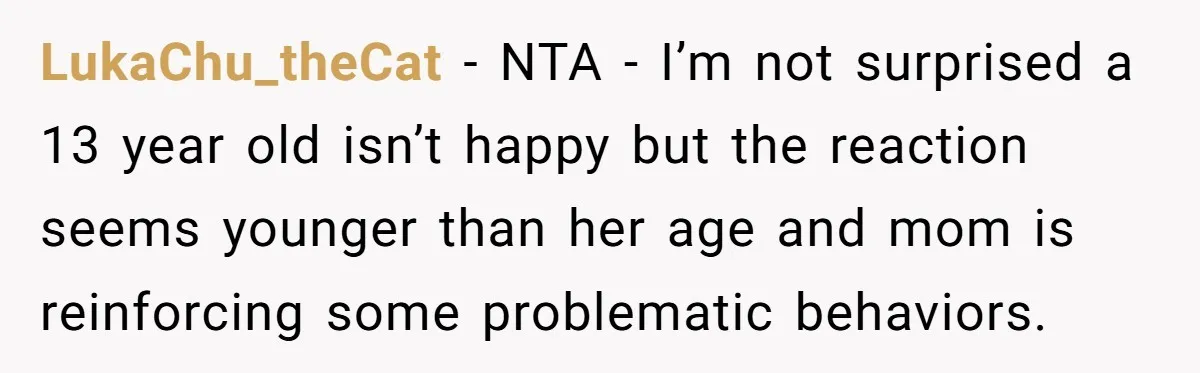 LukaChu_theCat − NTA - I’m not surprised a 13 year old isn’t happy but the reaction seems younger than her age and mom is reinforcing some problematic behaviors.