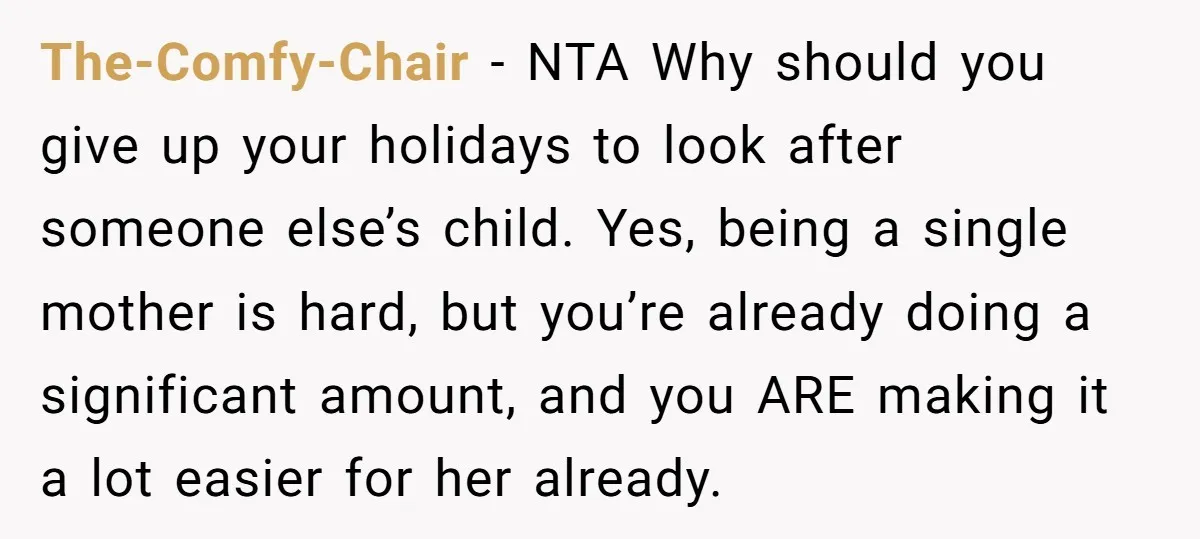 The-Comfy-Chair − NTA Why should you give up your holidays to look after someone else’s child. Yes, being a single mother is hard, but you’re already doing a significant amount,...